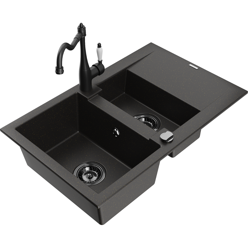 Mexen Gaspar 1.5-compartment granite sink with a drip tray and kitchen mixer tap Carla Black/Gold metallic - 6507-75-670700-70-B