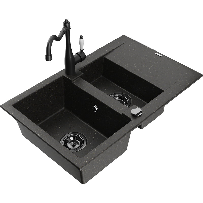 Mexen Gaspar granite sink 1.5-bowl with drainer and kitchen faucet Carla black/gold metallic - 6507-75-670700-70-B