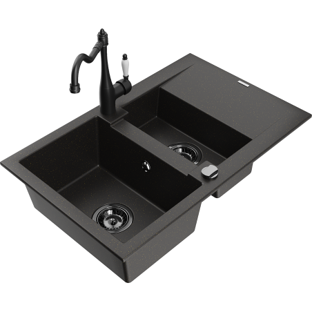 Mexen Gaspar 1.5-compartment granite sink with a drip tray and kitchen mixer tap Carla Black/Gold metallic - 6507-75-670700-70-B