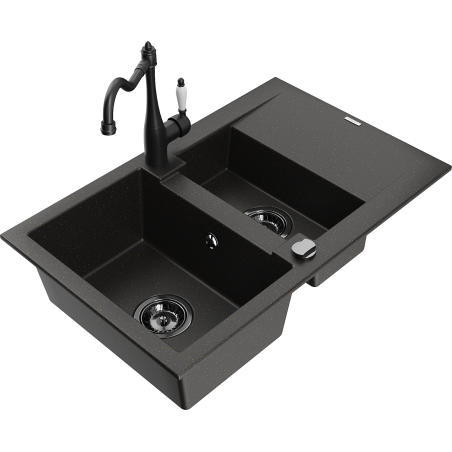 Mexen Gaspar granite sink 1.5-bowl with drainer and Carla black/gold metallic kitchen tap - 6507-75-670700-70-B
