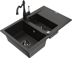 Mexen Gaspar granite sink 1.5-bowl with drainer and Carla black/gold metallic kitchen tap - 6507-75-670700-70-B
