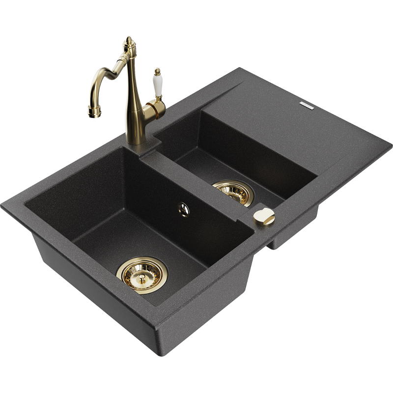 Mexen Gaspar 1.5-compartment granite sink with a drip tray and kitchen mixer tap Carla, spotted black - 6507-76-670700-50