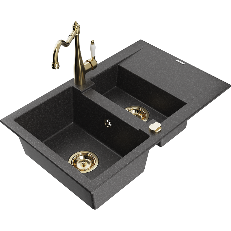 Mexen Gaspar granite sink 1.5-bowl with drainer and Carla kitchen tap, black speckled - 6507-76-670700-50