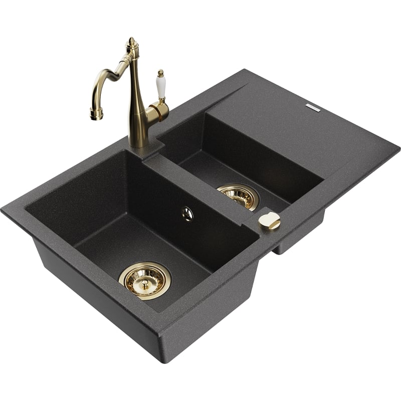 Mexen Gaspar granite sink 1.5-bowl with drainer and kitchen faucet Carla, black speckled - 6507-76-670700-50