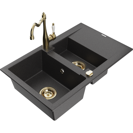 Mexen Gaspar 1.5-compartment granite sink with a drip tray and kitchen mixer tap Carla, spotted black - 6507-76-670700-50