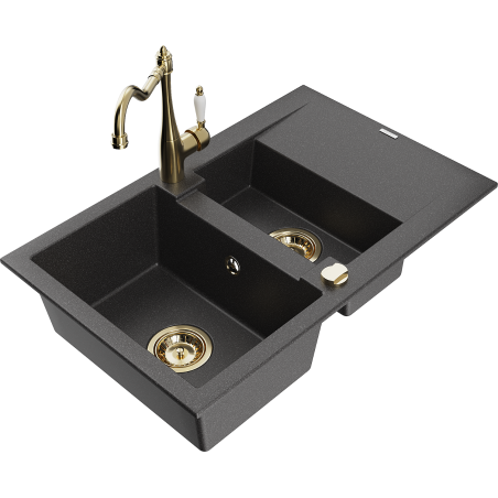 Mexen Gaspar granite sink 1.5-bowl with drainer and kitchen faucet Carla, black speckled - 6507-76-670700-50