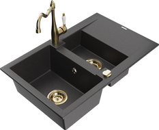 Mexen Gaspar granite sink 1.5-bowl with drainer and kitchen faucet Carla, black speckled - 6507-76-670700-50