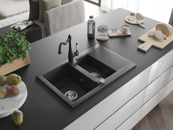 Mexen Gaspar granite sink 1.5-bowl with drainer and kitchen faucet Carla, black speckled - 6507-76-670700-70