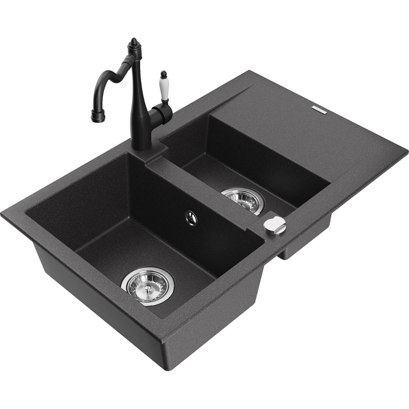 Mexen Gaspar 1.5-compartment granite sink with a drip tray and kitchen mixer tap Carla, spotted black - 6507-76-670700-70