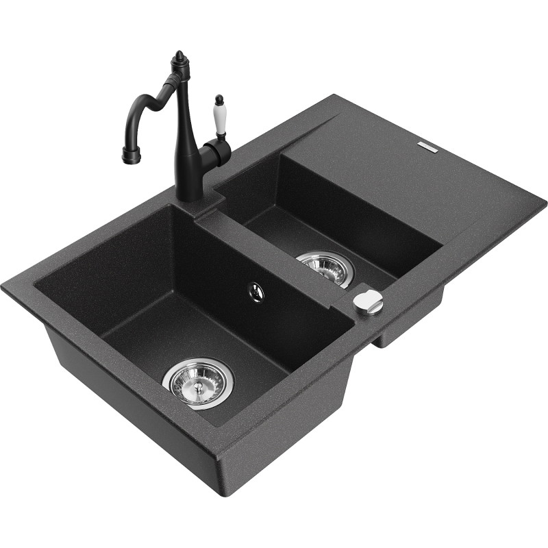 Mexen Gaspar granite sink 1.5-bowl with drainer and kitchen faucet Carla, black speckled - 6507-76-670700-70