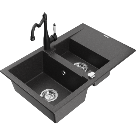 Mexen Gaspar granite sink 1.5-bowl with drainer and Carla kitchen tap, black speckled - 6507-76-670700-70