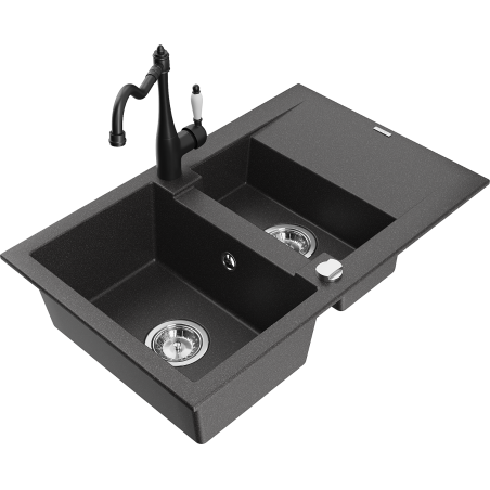 Mexen Gaspar granite sink 1.5-bowl with drainer and kitchen faucet Carla, black speckled - 6507-76-670700-70