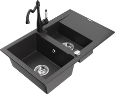 Mexen Gaspar granite sink 1.5-bowl with drainer and kitchen faucet Carla, black speckled - 6507-76-670700-70