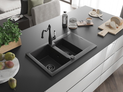 Mexen Gaspar 1.5-bowl granite sink with drainer and kitchen faucet Carla, black speckled - 6507-76-670700-70-B