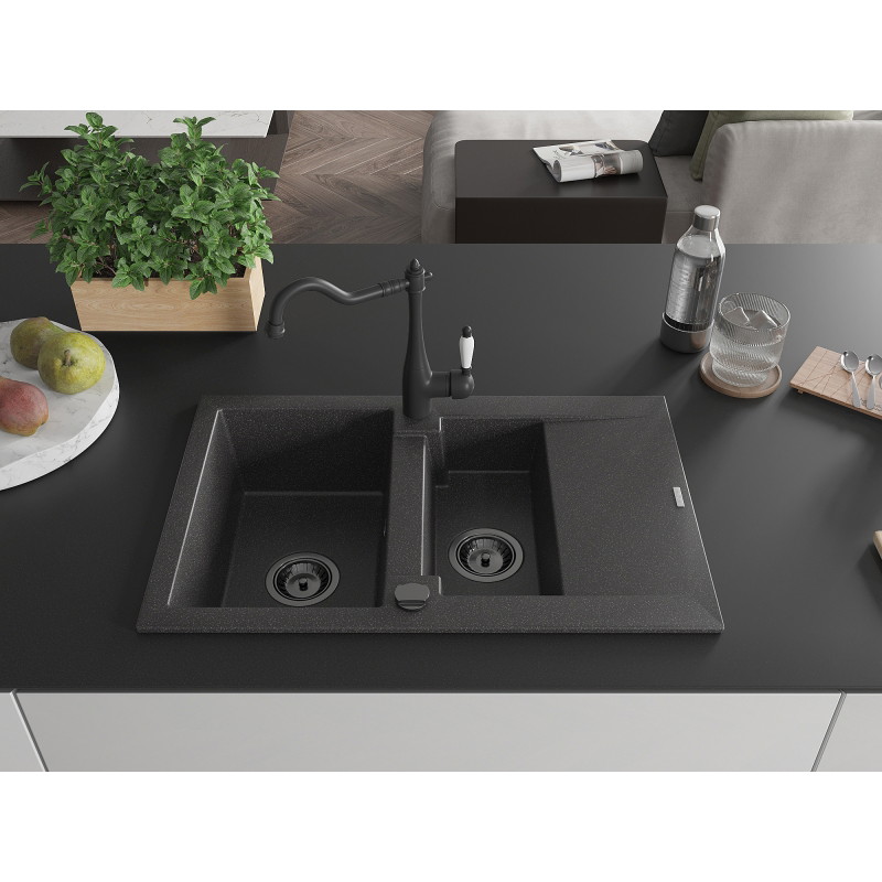 Mexen Gaspar 1.5-bowl granite sink with drainer and kitchen faucet Carla, black speckled - 6507-76-670700-70-B