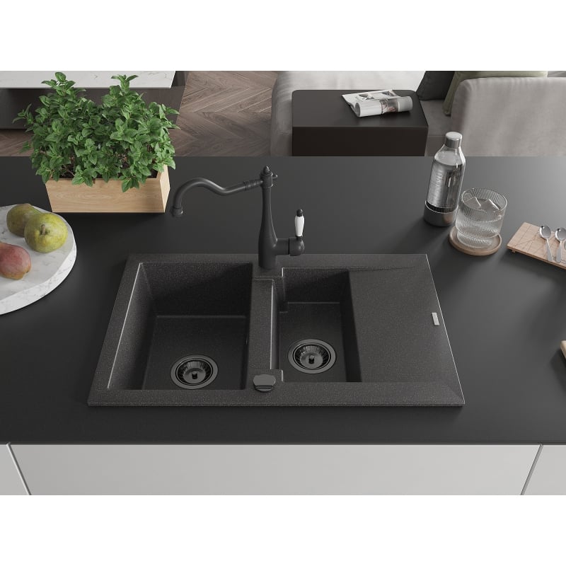 Mexen Gaspar 1.5-bowl granite sink with drainer and kitchen faucet Carla, speckled black - 6507-76-670700-70-B