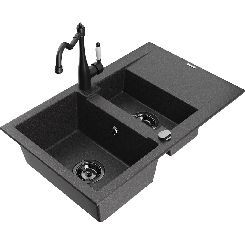 Mexen Gaspar 1.5-bowl granite sink with drainer and kitchen faucet Carla, speckled black - 6507-76-670700-70-B