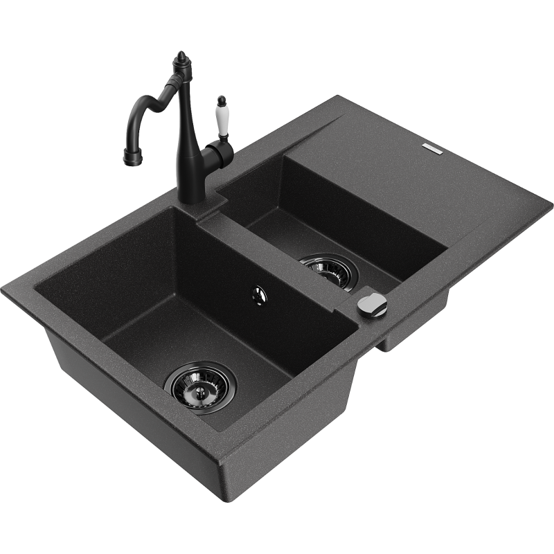Mexen Gaspar 1.5-compartment granite sink with a drip tray and kitchen mixer tap Carla, spotted black - 6507-76-670700-70-B