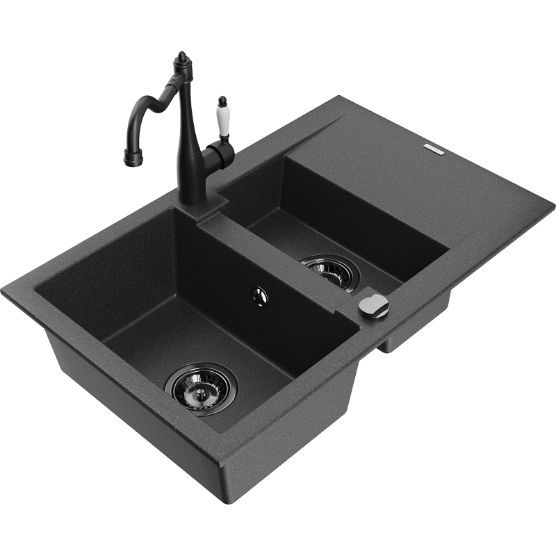 Mexen Gaspar granite sink 1.5-bowl with drainer and Carla kitchen tap, black speckled - 6507-76-670700-70-B