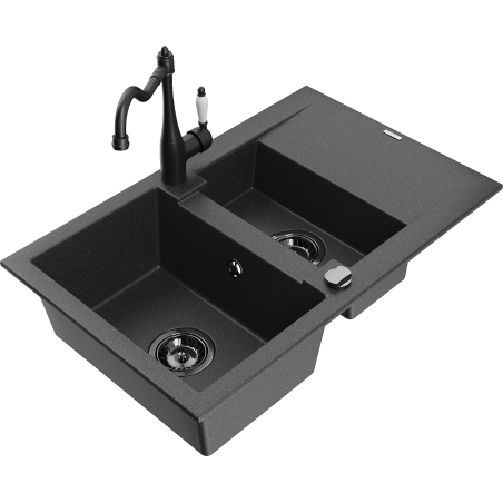 Mexen Gaspar 1.5-bowl granite sink with drainer and kitchen faucet Carla, speckled black - 6507-76-670700-70-B