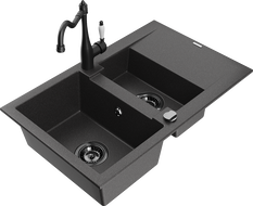Mexen Gaspar 1.5-bowl granite sink with drainer and kitchen faucet Carla, black speckled - 6507-76-670700-70-B