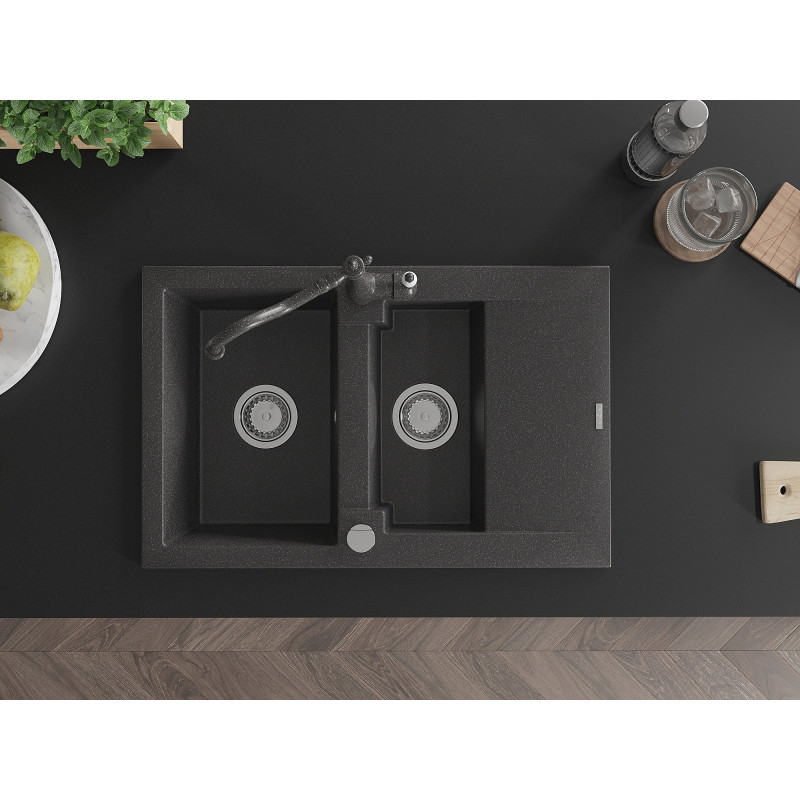 Mexen Gaspar granite sink 1.5-bowl with drainer and Carla kitchen faucet, speckled black - 6507-76-670700-76