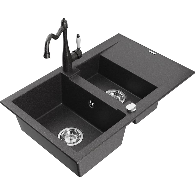 Mexen Gaspar granite sink 1.5-bowl with drainer and Carla kitchen faucet, speckled black - 6507-76-670700-76