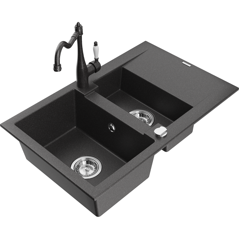 Mexen Gaspar granite sink with 1.5 bowls, drainer and Carla kitchen tap, black speckled - 6507-76-670700-76