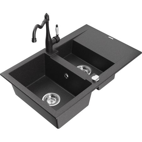 Mexen Gaspar 1.5-Bowl Granite Sink with Draining Board and Carla Kitchen Faucet, Black Speckled - 6507-76-670700-76
