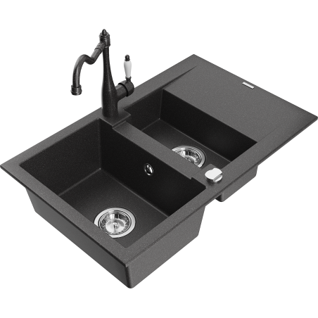 Mexen Gaspar granite sink with 1.5 bowls, drainer and Carla kitchen tap, black speckled - 6507-76-670700-76