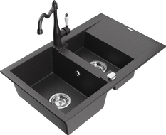 Mexen Gaspar granite sink with 1.5 bowls, drainer and Carla kitchen tap, black speckled - 6507-76-670700-76