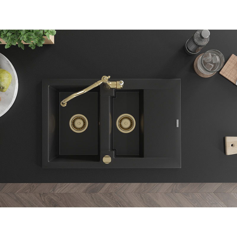 Mexen Gaspar granite sink with 1.5 bowls, drainer and Carla kitchen tap, black - 6507-77-670700-50
