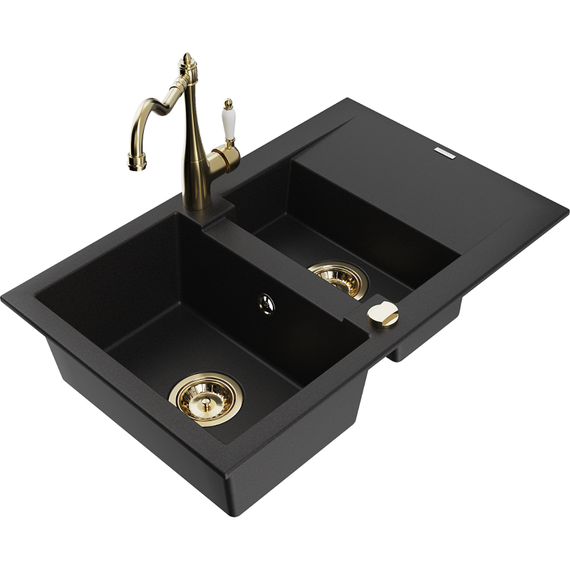 Mexen Gaspar 1.5-compartment granite sink with a drip tray and kitchen mixer tap Carla, Black - 6507-77-670700-50