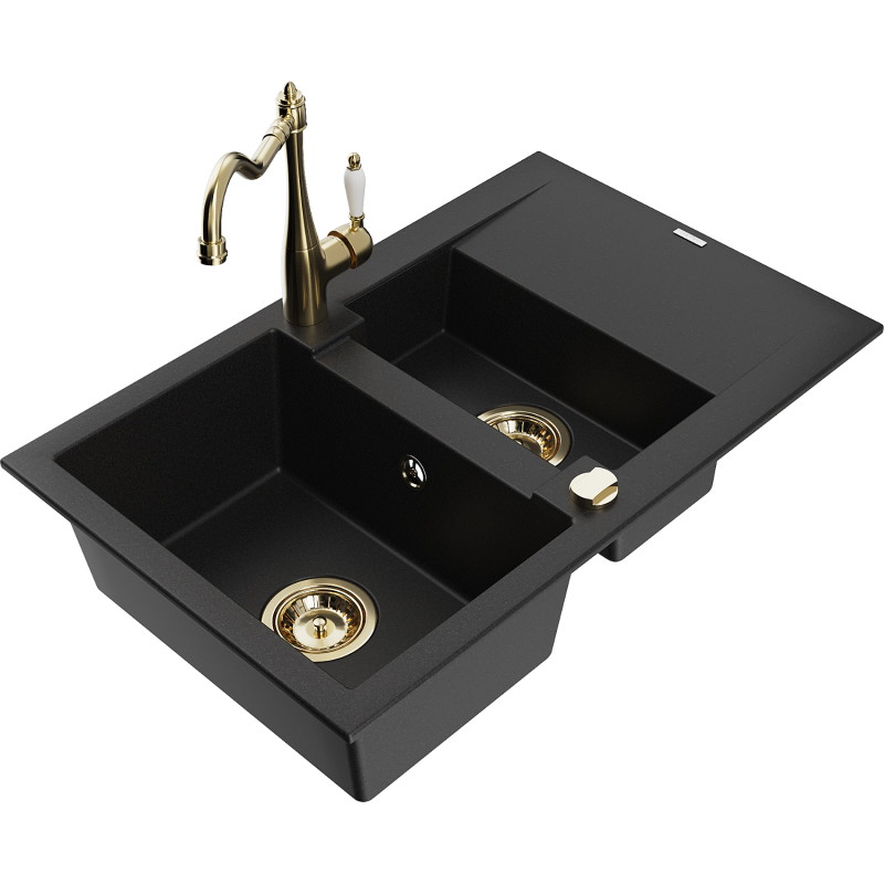 Mexen Gaspar granite sink 1.5-bowl with drainer and kitchen faucet Carla, black - 6507-77-670700-50