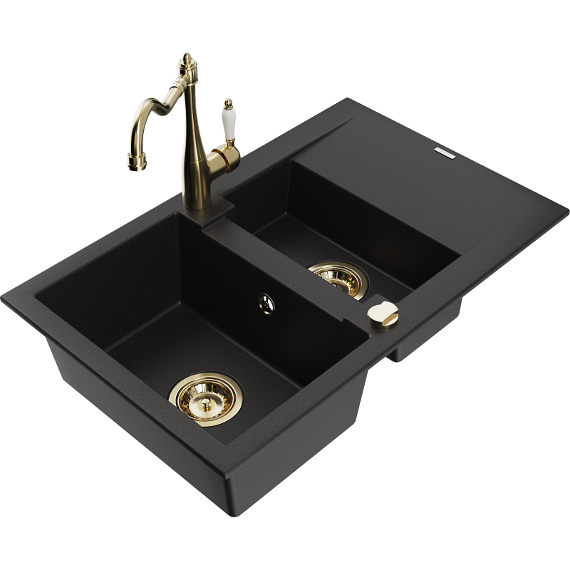 Mexen Gaspar granite sink with 1.5 bowls, drainer and Carla kitchen tap, black - 6507-77-670700-50