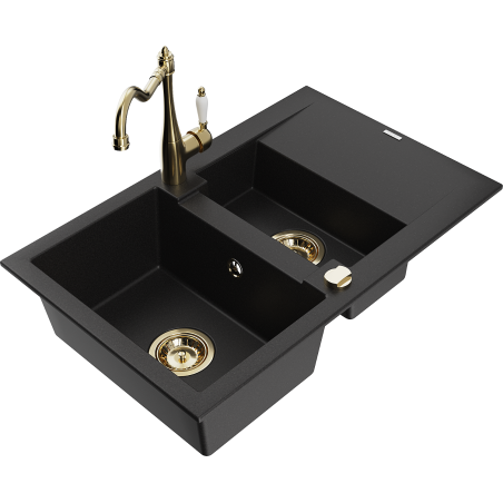 Mexen Gaspar granite sink 1.5-bowl with drainer and kitchen faucet Carla, black - 6507-77-670700-50
