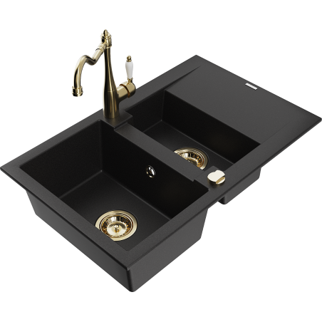 Mexen Gaspar granite sink with 1.5 bowls, drainer and Carla kitchen tap, black - 6507-77-670700-50