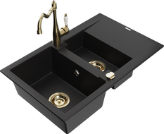 Mexen Gaspar 1.5-compartment granite sink with a drip tray and kitchen mixer tap Carla, Black - 6507-77-670700-50