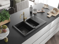 Mexen Gaspar 1.5-compartment granite sink with a drip tray and kitchen mixer tap Carla, Black - 6507-77-670700-50-B