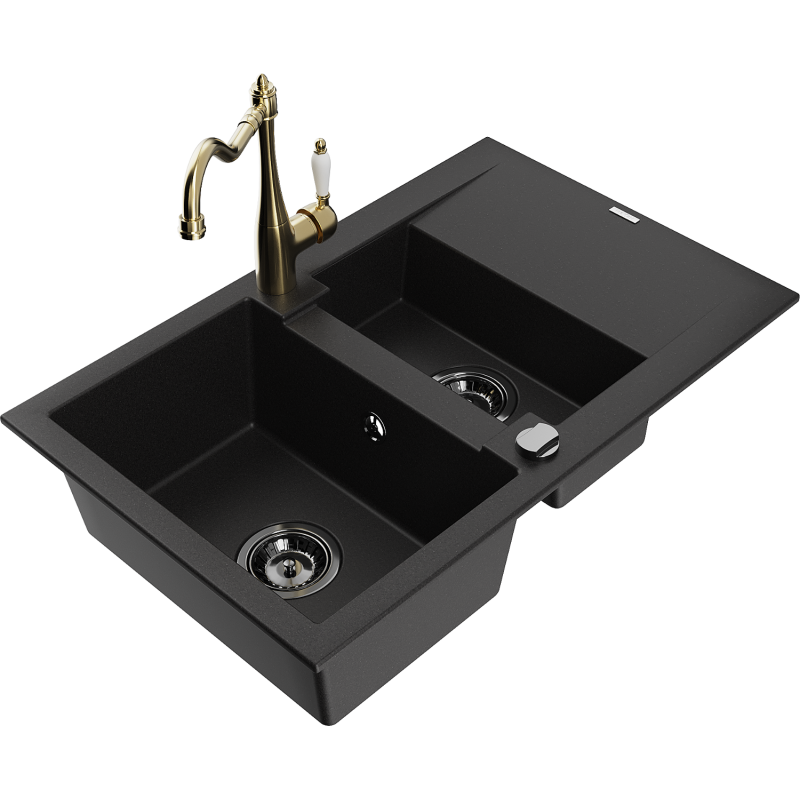 Mexen Gaspar 1.5-bowl granite sink with drainer and kitchen tap Carla, black - 6507-77-670700-50-B