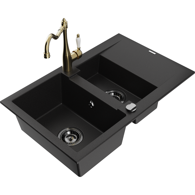 Mexen Gaspar 1.5-compartment granite sink with a drip tray and kitchen mixer tap Carla, Black - 6507-77-670700-50-B