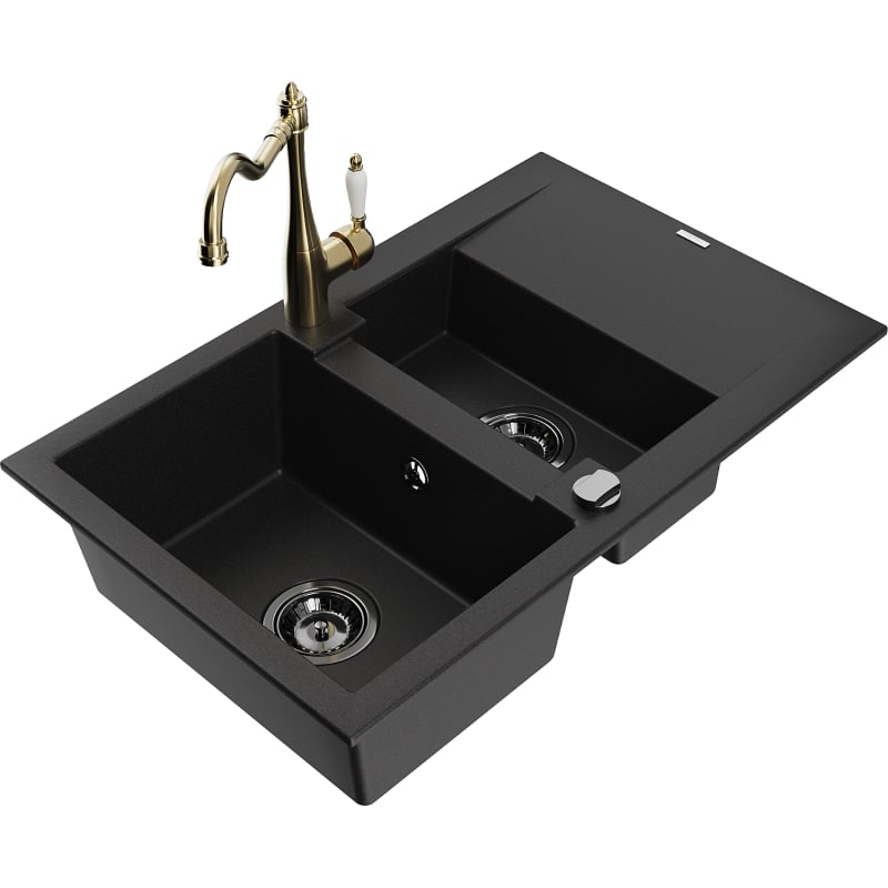 Mexen Gaspar granite sink 1.5-bowl with drainer and kitchen faucet Carla, black - 6507-77-670700-50-B