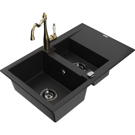 Mexen Gaspar 1.5-bowl granite sink with drainer and kitchen tap Carla, black - 6507-77-670700-50-B