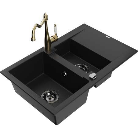 Mexen Gaspar 1.5-compartment granite sink with a drip tray and kitchen mixer tap Carla, Black - 6507-77-670700-50-B