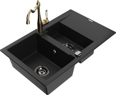 Mexen Gaspar 1.5-compartment granite sink with a drip tray and kitchen mixer tap Carla, Black - 6507-77-670700-50-B