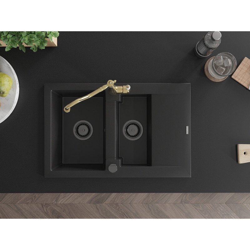 Mexen Gaspar granite sink 1.5-bowl with drainer and kitchen faucet Carla, black - 6507-77-670700-50-B
