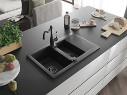 Mexen Gaspar granite sink 1.5-bowl with drainer and Carla kitchen tap, black - 6507-77-670700-70-B