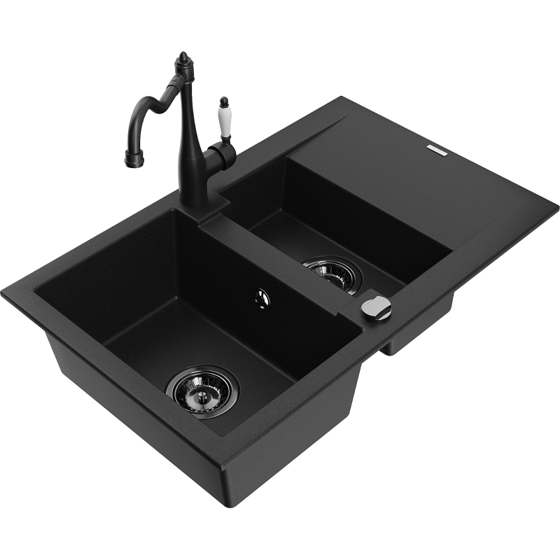 Mexen Gaspar granite sink 1.5-bowl with drainer and Carla kitchen tap, black - 6507-77-670700-70-B