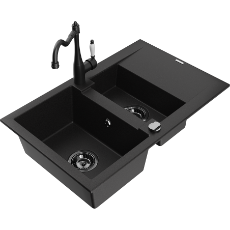 Mexen Gaspar 1.5-bowl granite sink with drainer and Carla kitchen faucet, black - 6507-77-670700-70-B