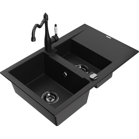Mexen Gaspar Granite Sink 1.5-Bowl with Drainer and Carla Kitchen Faucet, Black - 6507-77-670700-70-B